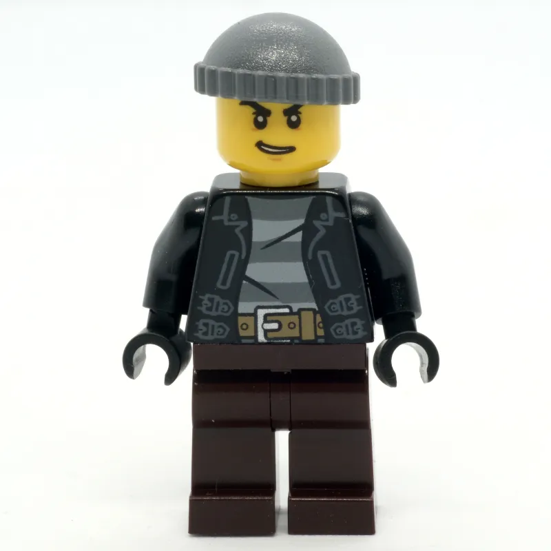 Criminal, Open Black Jacket over Prison Shirt, Dark Brown Legs, Dark Bluish Gray Hat