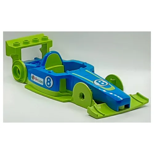 Duplo Toolo Formula Car Chassis Assembly with Blue Top and Number 8 and Octan Logo Print