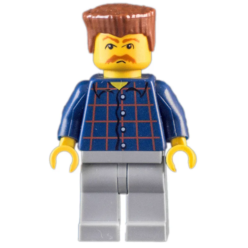 Man, Dark Blue Plaid Shirt, Light Bluish Gray Legs, Reddish Brown Hair, Moustache