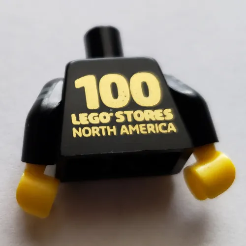 Torso Shirt with Name Tag, Light Bluish Gray Stripes / '100 LEGO Stores North America' on Back Print, Black Arms, Yellow Hands