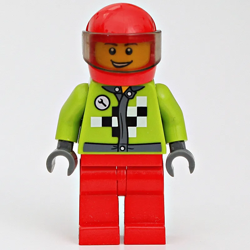 Racer with Lime Jacket with Black and White Checks, Red Helmet with Trans-Brown Visor