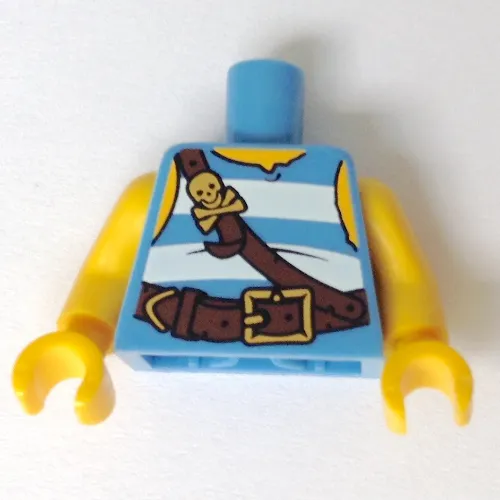 Torso Tank Top with White Stripes, Leather Straps with Skull and Crossbones Print, Yellow Arms and Hands