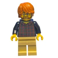 Man, Dark Blue Plaid Shirt, Tan Legs, Dark Orange Hair, Glasses and Beard