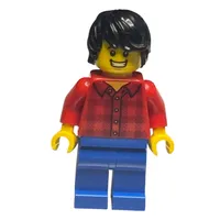 Man, Red Flannel Shirt, Blue Legs, Black Hair, Clenched Teeth Smile