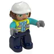 Duplo Figure with Construction Helmet White, Reddish Brown Hair, with Vibrant Yellow Vest, Dark Blue Legs