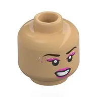 Minifig Head Olivia Rodrigo, Dark Brown Eyebrows, Dark Pink Eyeshadow, Lips, Silver Sparkle, Open Mouth Smile / Wink, Red Tongue