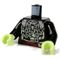 Torso, Silver Chains, Skull, Red Belt, Yellowish Green Ribcage print, Black Arms, Yellowish Green Hands