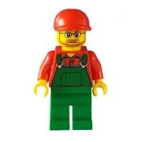 Man, Green Overalls over Red Shirt, Red Cap, Beard and Glasses