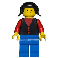 Woman, Black Vest over Red Top, Blue Legs, Black Hair