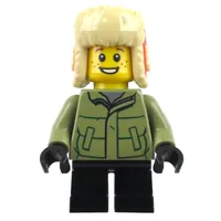 Boy, Olive Green Jacket, Black Legs, Red Ushanka Hat