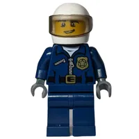 Policeman, Dark Blue Jacket with Zipper, Badge, and 'POLICE' on Back, White Helmet with Visor, Open Mouth