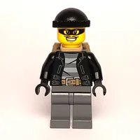 Criminal, Open Black Jacket over Prison Shirt, Dark Bluish Grey Legs, Black Hat, Dark Tan Backpack, Black Eyemask