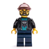 Man, Black Jacket, Dark Blue Legs, Reddish Brown Flat Cap