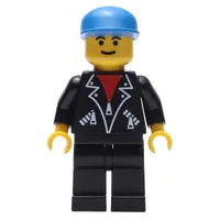 Man, Open Black Jacket over Red Shirt, Black Legs, Blue Cap