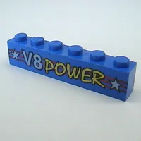 Brick 1 x 6 with Red Stripes and 'V8 POWER' logo Print