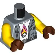 Torso, Jacket, Black Belt, White Shirt with Flaming Tire print, Yellow Arms, Reddish Brown Hands