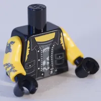 Torso Vest, Zipper, Pockets, Dark Bluish Grey Shirt with White Skull / Motorcycle on Back Print, Yellow Arms with Tattoos Print, Black Hands