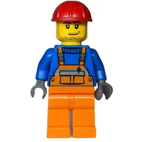 Worker, Orange Overalls over Blue Sweater, Red Hard Hat (3626c Head)