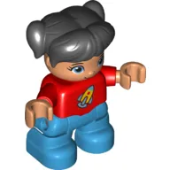 Duplo Figure Child with Ponytails and Bangs Black, Red Top with Rocket Ship Print - Nougat Face and Hands - Dark Azure Legs