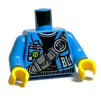 Torso Jacket, Dark Bluish Grey Straps with Pocket, Black and White Hourglass, Black Shirt print, Dark Azure Arms, Yellow Hands