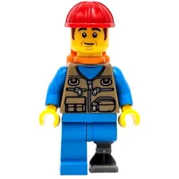 Train Work, Dark Tan Torso, Dark Azure Legs, Prosthetic Leg, Red Hat, Orange Air Tanks