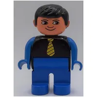 Duplo Figure, Early, with Short Parted Hair Black, Blue Legs, Yellow Tie, Blue Arms, White Eyes Print