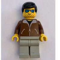 Man, Brown Jacket, Light Gray Legs, Black Hair, Blue Sunglasses
