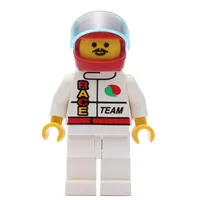 Racer, White Jacket with Octan Logo and 'RACE' and 'TEAM', Red Helmet with Visor, Moustache