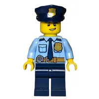 Policeman, Bright Light Blue Shirt with Dark Blue Tie, Badge, and Radio on Belt, Dark Blue Hat with Badge