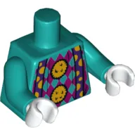 Torso Shirt with Magenta Diamonds, Suspenders, Bright Light Orange Pom-poms Print, Dark Turquoise Arms, White Hands