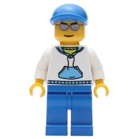 Man, White and Blue Hoodie, Blue Legs, Blue Cap, Silver Sunglasses