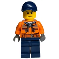Construction Worker, Orange Jacket with Zipper and Reflective Stripes, Dark Blue Legs, Dark Blue Cap