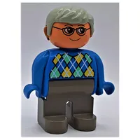 Duplo Figure, Early, with Short Parted Hair Light Gray, Dark Gray Legs, Argyle Sweater Print