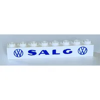 Brick 1 x 8 without Bottom Tubes with Cross Side Supports with 'VW SALG VW' Bold Blue Print
