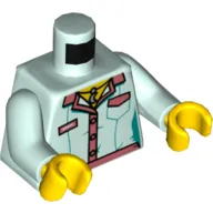 Torso Shirt, Waitress Uniform with Pink Trim, Name Badge, Buttons, Pocket, Moon Pendant Print, Light Aqua Arms, Yellow Hands