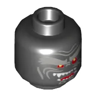 Minifig Head Garmadon, Light Bluish Gray Bushy Eyebrows, Red Eyes, Open Mouth Crooked Smile Right Raised with Fangs Print