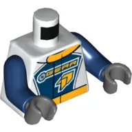 Torso Racing Jacket, Orange Collar, 'GEAR' Logo Print, Dark Blue Arms, Dark Bluish Gray Hands