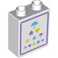 Duplo Brick 1 x 2 x 2 with Medium Lavender Border, Medium Azure/Lavender/Yellow Umbrellas, Houses, Hearts, Stars print