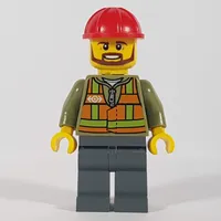 Train Worker, Orange Safety Vest with Train Logo over Olive Green Hoodie, Dark Bluish Gray Legs, Red Hard Hat, Brown Beard
