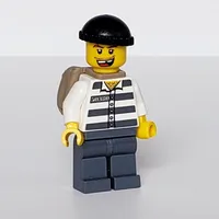 Criminal, Prison Shirt with #50380, Dark Bluish Gray Legs, Black Hat, Dark Tan Back Pack, Open Mouth