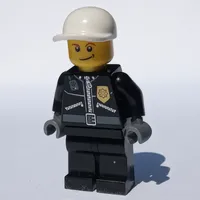 Policeman, Black Jacket with Zipper, Radio, Badge, and 'POLICE' on Back, White Cap (3626c Head)