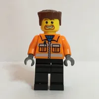 Construction Worker, Orange Jacket with Zipper and Reflective Stripes, Black Legs, Reddish Brown Hair, Goatee Beard