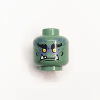 Minifig Head Murt / Moe, Bushy Eyebrows, Yellow Eyes, 3 Pointed Teeth, and Sand Blue Spots on Back Print