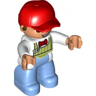Duplo Figure with Cap Red, with Bright Light Blue Legs, Lime Apron, Red Bow Tie Print