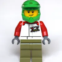 Man, White Racing Jacket, Olive Green Legs, Green Dirt Bike Helmet, Stubble