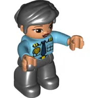 Duplo Figure with Thick Short Hair Combed over Forehead and Bun Black, Black Legs, Medium Azure Top with Dark Blue Tie and Gold Police Badge Print
