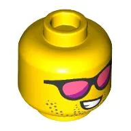Minifig Head, Coral and Magenta Glasses, Beard Stubble, Smile Print