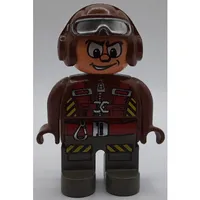 Duplo Figure, Early, Aviator Hat Brown with Silver Goggles, Dark Gray Legs, Jumpsuit with Zipper, Red Parachute Straps, Yellow And Black Hazard Stripes Print