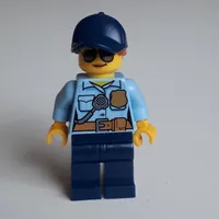 Policewoman, Bright Light Blue Shirt with Radio and Badge, Dark Blue Legs, Dark Blue Cap with Hair, Sunglasses