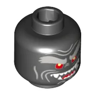 Minifig Head Garmadon, Light Bluish Gray Face Lines, Bushy Eyebrows, Red Eyes with Yellow Pupils, Open Mouth Smile Left Raised with Fangs and Red Tongue Print [Hollow Stud]